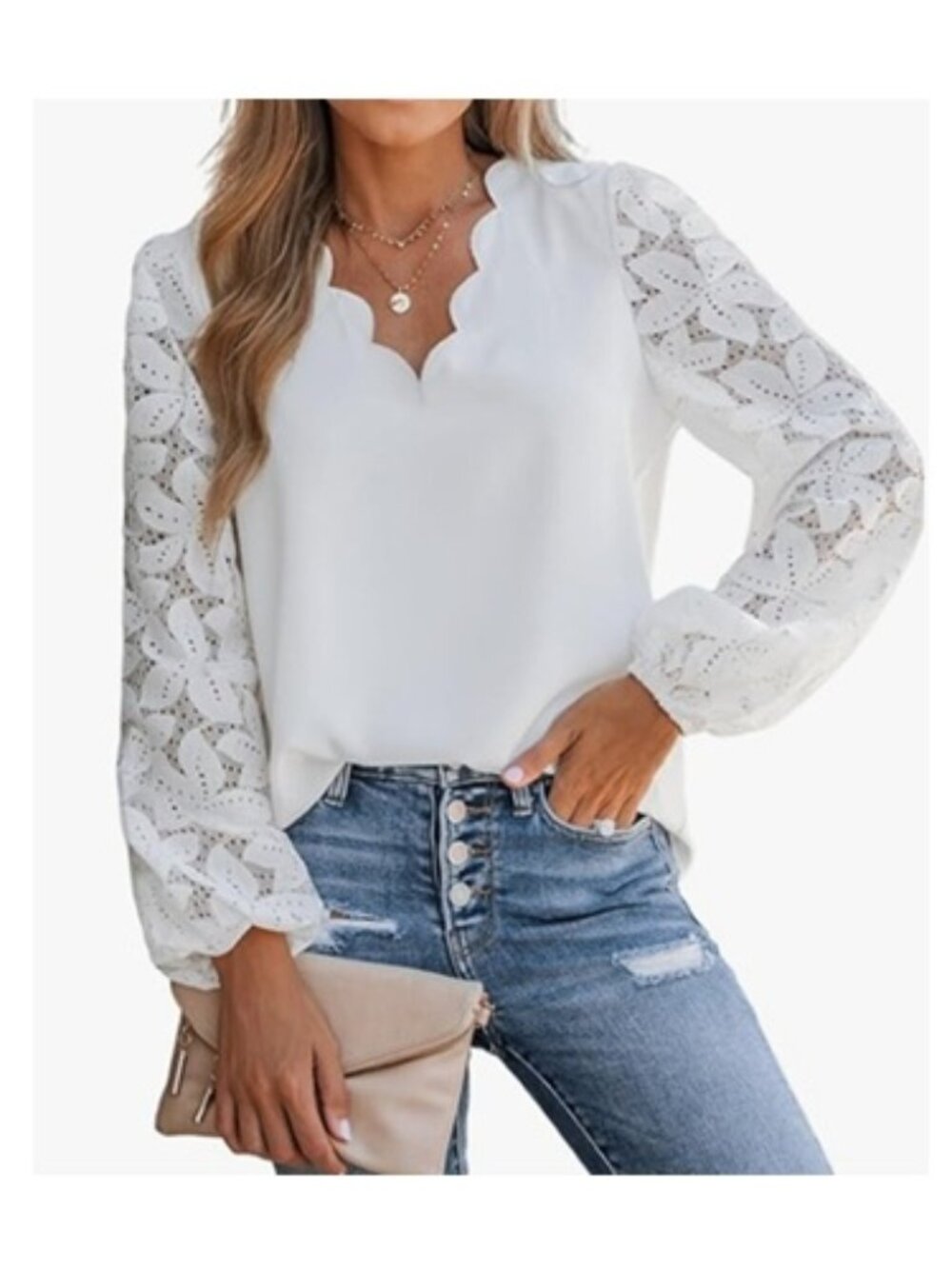 Cupshe Scalloped V-Neck Lace Sleeve Top, White, Medium